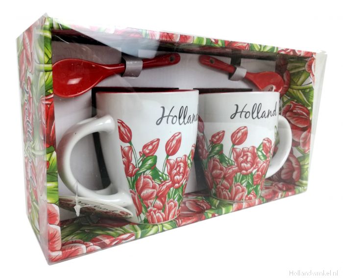 mineraal top bedrag Koffie mokken set 2 bekers "Rode Tulpen" kopen bij HollandWinkel.NL