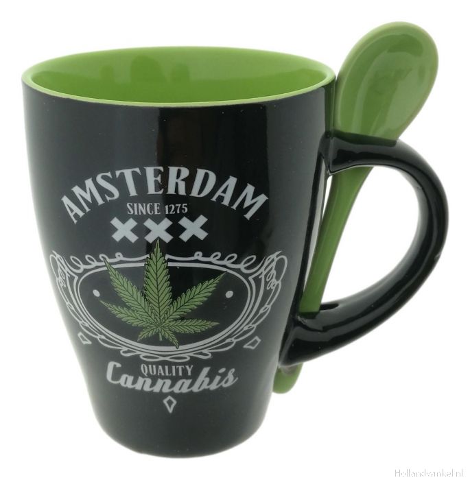 Rubriek Ik zie je morgen Reageren Mok "Amsterdam Cannabis" met lepel kopen bij HollandWinkel.NL